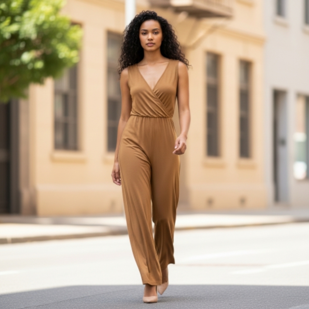 ASOS romper jumpsuit wide leg sleeveless tan jersey sz 2‎